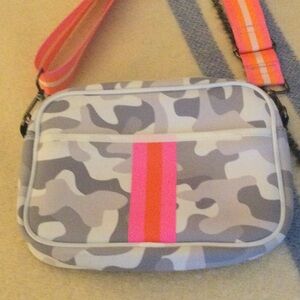 Haute Shore Gray Camo Crossbody with Pink & Orange Center Stripe